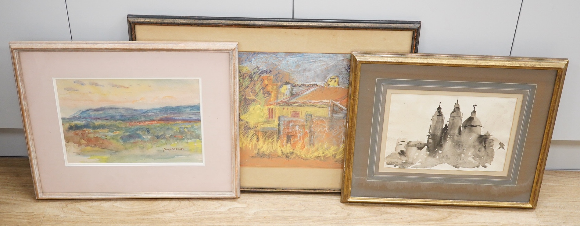 Jenny Spencer, watercolour, landscape, signed, together with two other works by Kathleen Browne and Jo Webster, largest 31 x 49cm. Condition - good